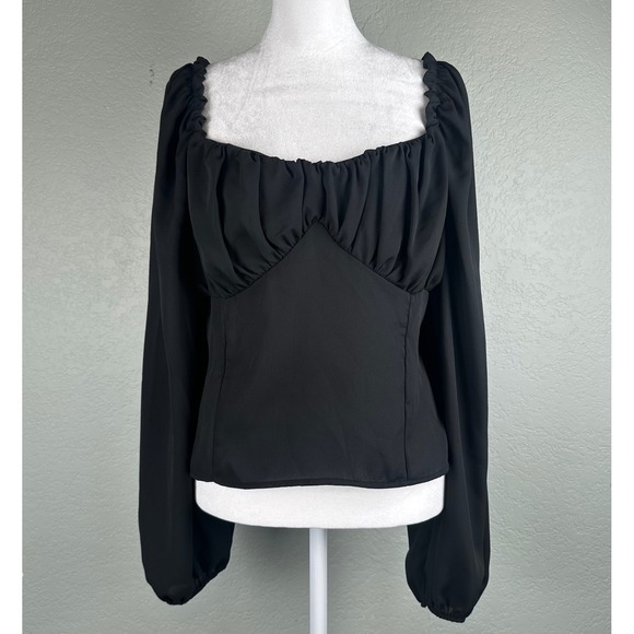 Abound Tops - Abound Peasant Top Sz L Black Blouse Square Neck Ruched Puff Sleeve Cottagecore